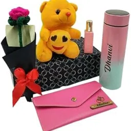 flamingo creativity Personalized Gift Box for Women Wallet, Rainbow Temperature Bottle, Bellavita Perfume, Teddy Bear & Crochet Rose Bouquet| Ideal Special Occasions-picture-19