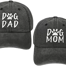 store 2508 Dog Dad & Dog Mom Baseball Caps Set – Vintage Washed Cotton Adjustable Hats with Embroidered Paw Print – Couple Matching Gift for Pet Lovers Classic Black-picture-12