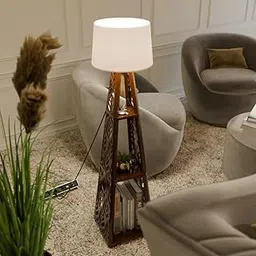 Brown Art SHOPPEE Carved Floor Lamp with Shelves, Standing Lamp with Bulb, Corner Display Bookshelf Lamp for Living Room Tall Shelf Lamp, Furniture Décor Lighting for Living Room, Bedrooms (Brown)-image-18