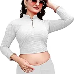 Chandan Tex Fab Fit Bit Crush Zipper Blouse | Stretchable Cotton Lycra Blouse for Women Readymade Full Sleeve Blouse | Available in 10 Colors | Sizes 28-40-picture-50