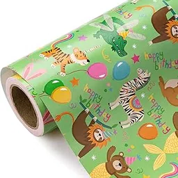 WRAPAHOLIC Birthday Wrapping Paper Roll - Mini Roll - 17 Inch x 33 Feet - Green Animal and Happy Birthday Design, Perfect for Birthday, Party, Holiday-picture-17