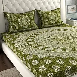 Monique Brand 100% Pure Cotton Traditional Jaipuri Printed Bedsheet for Double Bed King Size with 2 Pillow Covers| H603 | 144 TC | Green-picture-55