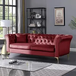 KANABA CRAFTS Modern & Luxury Velvet 3 Seater Chesterfield Sleeper Sofa with Golden Metal Legs for Stylish Sofa Your Living Room, Dining Room, Office, and Hallway-(Red).-image-43