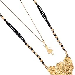 Women's Exquisite Gold-Plated Long Mangalsutra with Floral Filigree Pendant and Layered Black Beaded Chain, Paired with a Dainty Adjustable Gold-Tone Charm Necklace-MD-131-image-73
