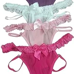 Ladies' Lace-Trimmed Thong Panties with Bow Detail, Pack of 4, Purple Pink Mint White-picture-28