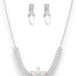 accessher Women's & Girls Silver-Tone White Floral American Diamond Choker Necklace Set with Earrings Latest Stylish Necklace Jewellery Set, Accessories For Weddings-picture-28