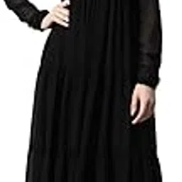 Women's Solid Georgette Tiered Maxi Dress Fit & Flared Round Neck Full Sleeve Summer Wear One Piece Girls Dress Western Party Casual Wear Outfits for Ladies (Black)-image-50