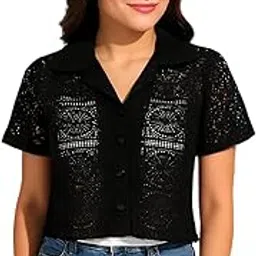 Women's Casual Short Sleeve Button Down Crop Shirt,Crochet Net Pattern, Collared-picture-57