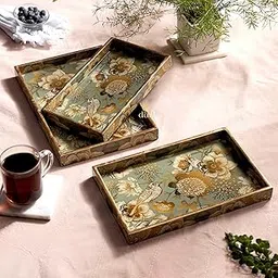 DULI Set of 3 MDF Wood Enamel Coated Multipurpose Trays| Serving Tray for Home & Dining Table (12x8x1, 11x7x1, 10x6x1 Inches) (SmSetof3Rct: GreyGoldBird) image 1