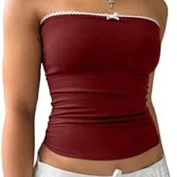 TIVANTE Solid Sleeveless Lace Trim Bow Front Tube Top for Women y2k Tops || Crop top for Women Stylish Western-image-4
