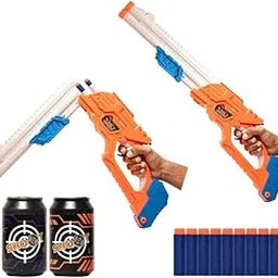 Braintastic Double Barrel Super Shot Gun with Ejecting Shells-10 Soft Foam Dart Blaster Bullet & 2 Targets, Kids Age 8+ Years (White Orange)-picture-18