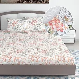 Divine Casa 144 Tc Cotton Floral Print King Size Double Bed Elastic Fitted Bedsheet With 2 Pillow Cover - 78 X 72 Inches, Galaxy Peach-picture-30