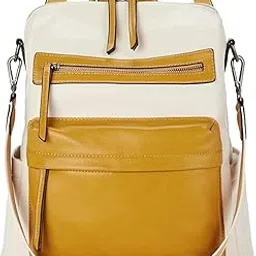 Medium 24L Backpack Women Leather Convertible Shoulder Bag Ladies Anti theft Satchel Sling Travel Backpack (White&Yellow)-image-10