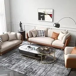 Fine Wood Art - Velvet Multicolour Sofa with Metal Legs, Living Room Couch with Cushions, Bedroom and Office Seating (Beige Velvet & Brown Letherette, 3+2+1 Seater)-image-42