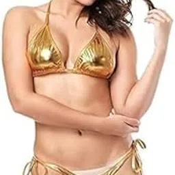small to xl Women's Gold Metallic Two-Piece Swimwear Set, Adjustable Tie Design, S to XL-picture-29