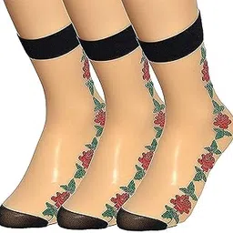 starvis Pack of 3 Skin Ultra-Thin Transparent Multi Print Nylon Summer Skin Socks for Women/Girl's (Ankle Length)-picture-49