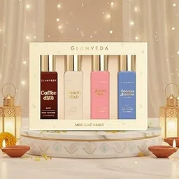 Glamveda Luxury Pure Perfume Gift Set for Women | Floral Bae, Goddess Jasmine, Vanilla, Coffee | 4x20ml | Long-Lasting Fragrance | Diwali Gift Set with 2 Decorative Diyas-image-9