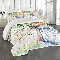 Ambesonne Tree Coverlet, Watercolor Style Tree with Colorful Blooming Branches 4 Seasons Theme, 3 Piece Decorative Quilted Bedspread Set with 2 Pillow Shams, Queen Size, White-picture-26