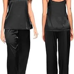 foxboom Women's Satin Pyjamas Set Silk Sleepwear Two Piece Nightwear Loungewear Set-picture-36