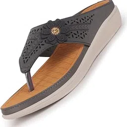 fausto Women Laser cut Bloom Embellished Orthopedic Slip-On Wedge Sandals | Casual Slippers | Summer Flip-Flops with Arch Support For Daily Use image 1