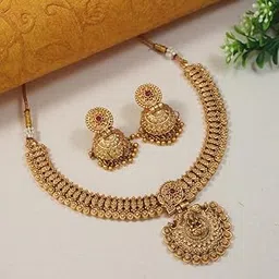 lucentarts jewellery South Indian Traditional Gold Plated Copper Necklace Jewellery Set for Women with Earrings | Adjustable Design, No Stone Design No TEMPLE240-picture-47