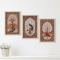 ArtX Paper Peacock Paintings with Frame for Home Decor Wall Art, Madhubani Wall Paintings for Living Room, Multicolor, Natural Wood Color Frames, 12.0 x18.0 inch, Set of 3-picture-25