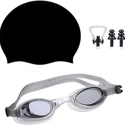 SHIFTER swimming kit combo set with wide lense swimming goggles, blue silicone swimming cap, earplug, noseplug set -free size (BLACK GOGGLE + BLACK CAP)-picture-21