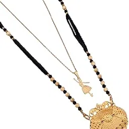 Women's Gold-Plated Long Mangalsutra with an Intricate Heart-Shaped Filigree Pendant and Black Beaded Chain, Paired with an Adjustable Gold-Tone Charm Necklace for a Layered Look-MD-136-image-79