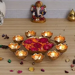 Webelkart Premium 9 Lotus Diya Shape urli Bowl for Home and Pooja Decorations| Urli tealight Candle Holder for Home and Office Decor| Lotus Urli Bowls (12 Inches,Gold)- Diwali Candle Holder-image-1