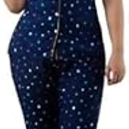Womens Star Print Pajama Set, Short Sleeve Button-Down Top with Pants, Multicolor Stars-picture-16