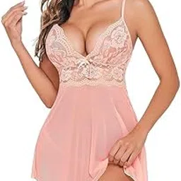 Lingerie for Women Lace Babydoll Wirefree Lingerie Set with Garter and Chain Babydoll Sleepwear Purple (Peach, Free)-picture-23