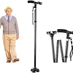 Rexmon Unisex Anti-Slip & Anti-Skid Folding Walking Stick With LED Flashlights, Adjustable Height, and Lightweight with Quad Base For Old age, Hiking and Trekking-picture-36