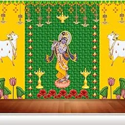 Premium Lord Krishna Decorative Backdrop Banner – Traditional Hindu Wall Decoration with Cows, Diyas & Floral Elements for Janmashtami, Puja, Temple, and Festive Home Decor – 5x8 ft-picture-22