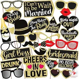 WOBBOX Bachelorette Party Photo Booth Props for Bride & Groom, Bridal Shower Props, Bachelorette Party Decoration, bride to be party decorations items- Golden Glitter & Black-image-10