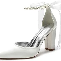 jishevous Women's Closed Pointed Toe High Chunky Heels Pumps with Pearls Block Heel Bridal Business Dressy Shoes-picture-36