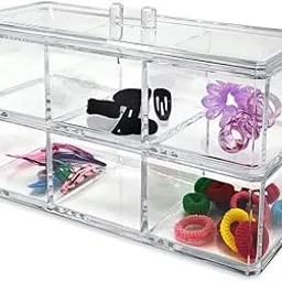 Snazzy Clear Acrylic Make Up Organizer Box Double Deck Dresser Container Case with Lid for Jewelry Cosmetic Bathroom Storage Holder For Cotton Ball And Swab, (6 Compartment) image 1