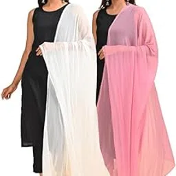 2.5 Meter Pack of 2 Solid Chiffon Dupattas with Scallop Crochet Lace on All Sides-image-27