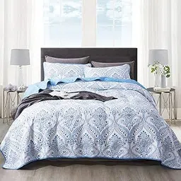 NEWLAKE Cotton Bedspread Quilt Sets-Reversible Patchwork Coverlet Set, Blue Classic Royal Pattern, Queen Size-picture-51