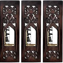 WHF Natural Wood Painted Jharokha Inside Mirror Wooden Wall Mount Wall Hanging (Brown, 11.5 inch) Set of 3, Rectangular, Framed-picture-20