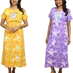 Mayaval Cotton Maternity & Nursing Dress Set for Women – Pack of 2 Midi Feeding Dresses in Yellow and Lavender Tie-Dye Prints-picture-19