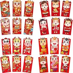 Dorakitten 24PCS 2021 Chinese Ox Year Money Packet Festive Chinese Red Packet 2021 Zodiac New Year Lucky Money Packets Coated Paper Multicolor-picture-12