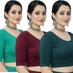 Women’s 3-Piece Crush Fabric Blouse Set | Teal Green, Maroon, Peacock Blue | Stretchable Readymade Saree & Lehenga Blouse (XXL)-image-15