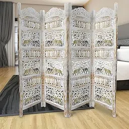 Wooden Room Divider Partition - Foldable Wood Screen Separator for Living Room, Bedroom, Office, Restaurant || Elephant Design 4 Panel (Golde, White & Pink)-picture-32