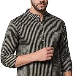 vastraa fusion Men's Gold Line Handloom Weaving Pure Cotton Short Kurta, Round Collar, Full Sleeves, Wooden Button Kurta, Ethnic Wear (Black)-picture-34