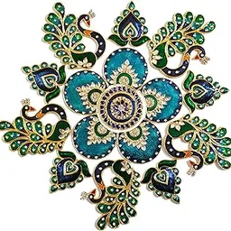 10 x10 inches Peacock Rangoli Set for Decoration Round Shaped Peacock Mor Metal Décor Piece for Door Entrance Mats Floor Deco Diwali Rangoli Stencils with Royal Stone Meenakari Work image 1