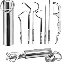 BHAJANSHREE 7-in-1 Stainless Steel Dental Hygiene Kit – Portable Teeth Cleaning Set with Toothpicks, Flossers & Holder for Travel, Outdoor, Camping & Braces Care-picture-12