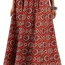 janasya Women's Rust Pure Cotton Floral Printed Flared Skirt-picture-32