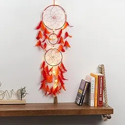 ilu ILU® Dream Catcher with Lights, Wall Hangings, Crafts, Home Decor, Handmade for Bedroom, Balcony, Garden, Party, Cafe, Decoration, Wedding, Decorative, Orange & Red Feathers (17 cm Diameter)-picture-14