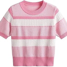 icw Women's Knit-Rib Acrylic Stretchable Stripe Casual Crop Top T-Shirt for Girls (One Size Fit XS-S-M Bust 32-36 Inch)-picture-41