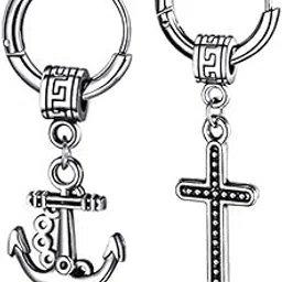 m men style Men Wheel Ship Anchor Ship With Christ Jesus Cross Dangle Hoop Studs Punk Titanium Steel Piercing Jewelry Silver Stainless Steel For Men And Women-picture-21
